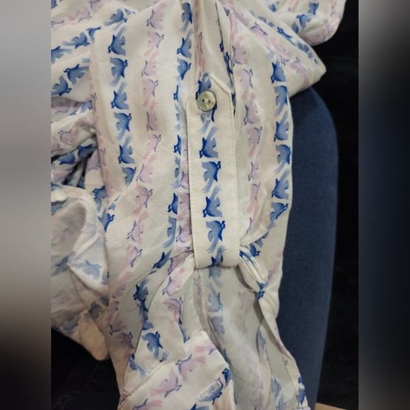 Jane and Delancy-White Rayon Button-Up Shirt with Blue and Purple Birds- Size M - Picture 7 of 7